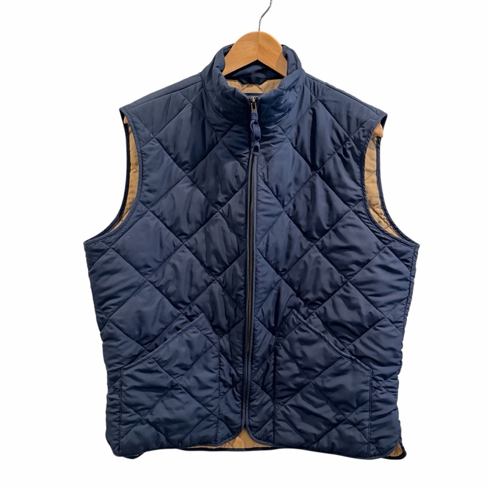 J.Crew Men’s Navy Quilted Puffer Vest Size Large Cotton Lined Adjustable Tabs